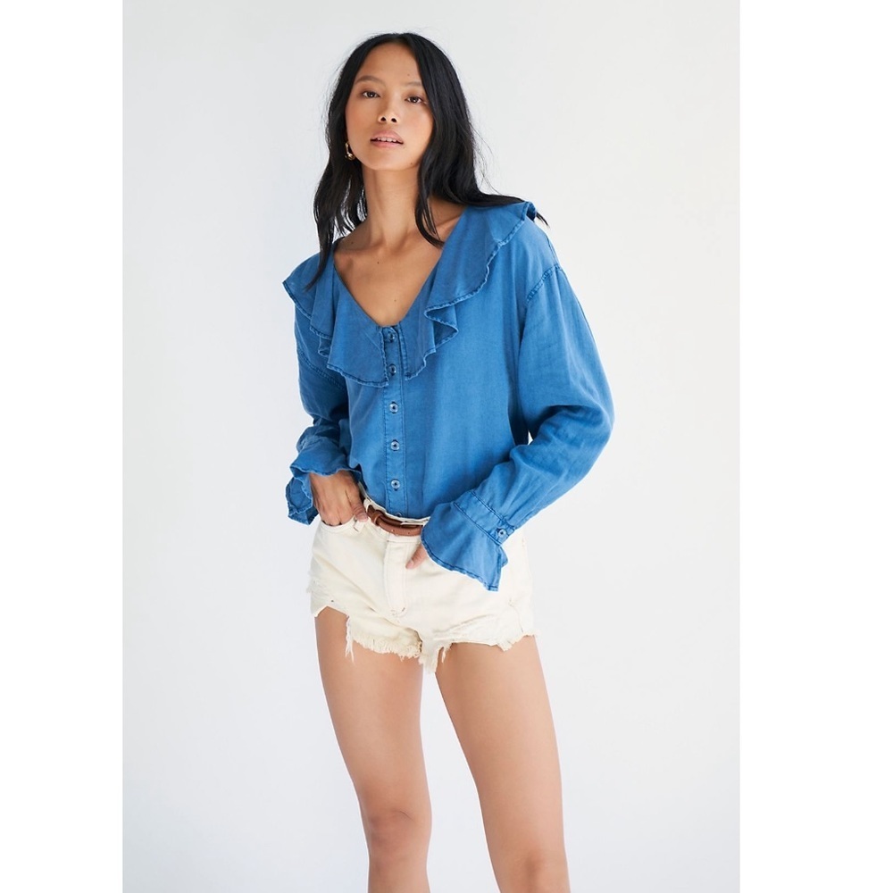 Free People Navy Blue Ruffle Dolman Sleeve Blouse S NWT